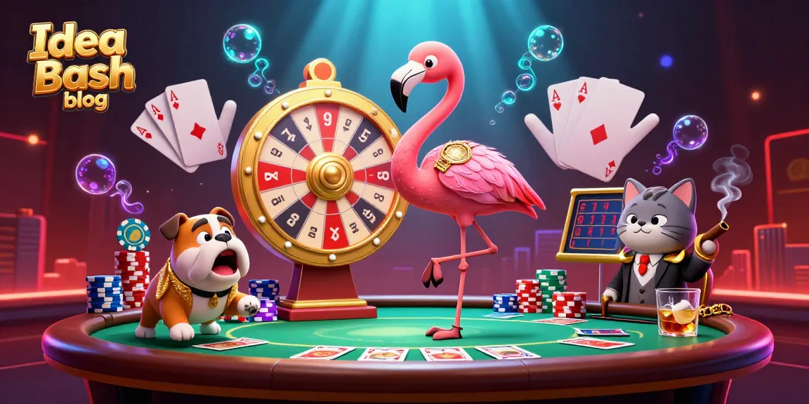Engage with exciting gameplay visuals showcasing the Idea Bash blog's vibrant casino theme, featuring a flamingo host, bulldog contestant, and scoreboard cat assistant.